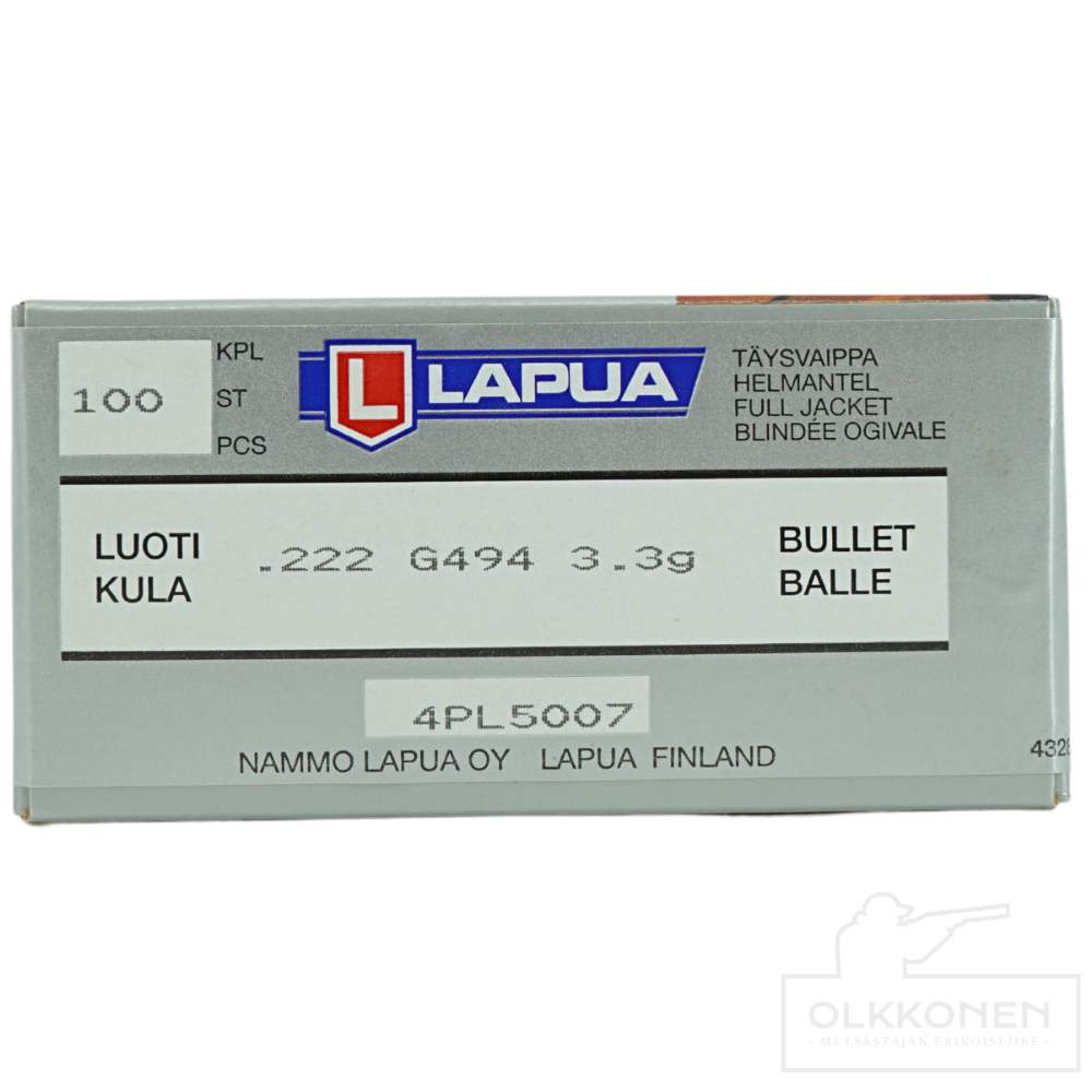 Lapua G494 .222  3,3g fmj leikkuriluoti  100 kpl